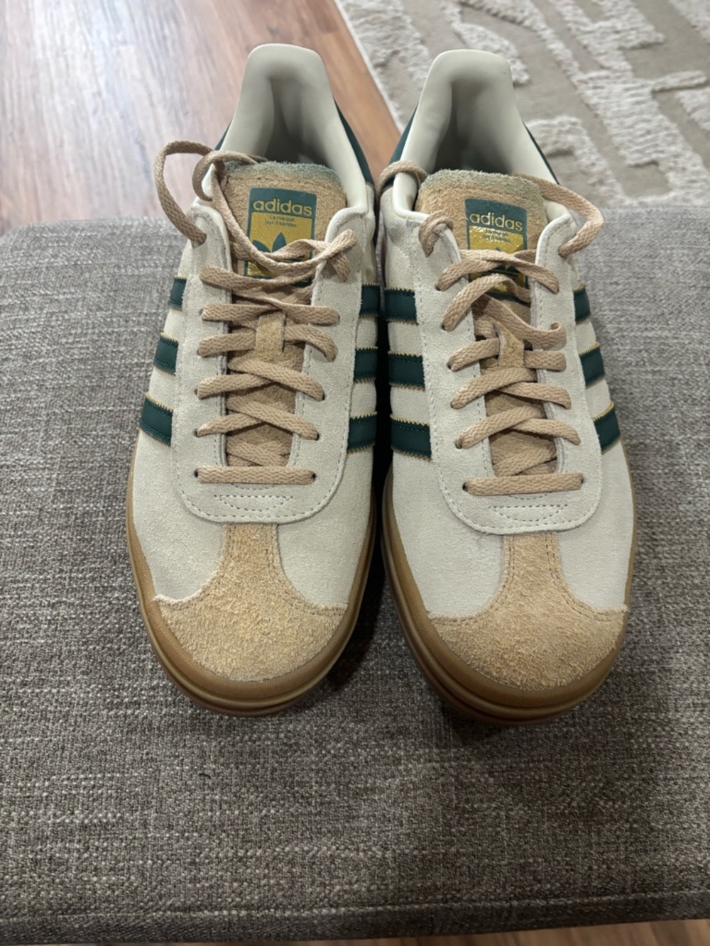 adidas Beige Suede Low-Top Sneakers with Green Stripes